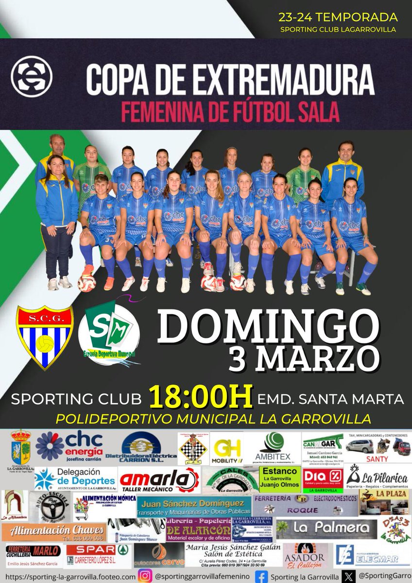 Copa de Extremadura 
Interesante partido ante el único equipo invicto en liga
Ven al poli o en youtube
youtube.com/channel/UCghCG… 
Sporting Garrovilla EMD Santa Marta
📷 Domingo3 marzo 2024
📷 Hora: 18:00h
📷  Lugar: Polideportivo Municipal de La Garrovilla
#SomosSporting #Desde1972