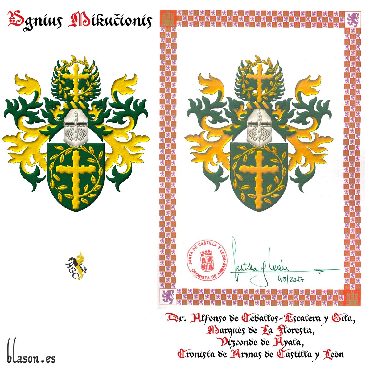 ntoniosalmeron's tweet photo. Certification of arms for Ugnius Mikucionis, issued by the Cronista de Armas of Castile and Leon, with his coat of arms emblazoned by me along with those of other heraldic artists. #Certification #Latin #Cross #Raguly #Issuant #Sinister #Leaved #Offshoot #Encircling #Terminating https://t.co/jo8ZSOFzgb