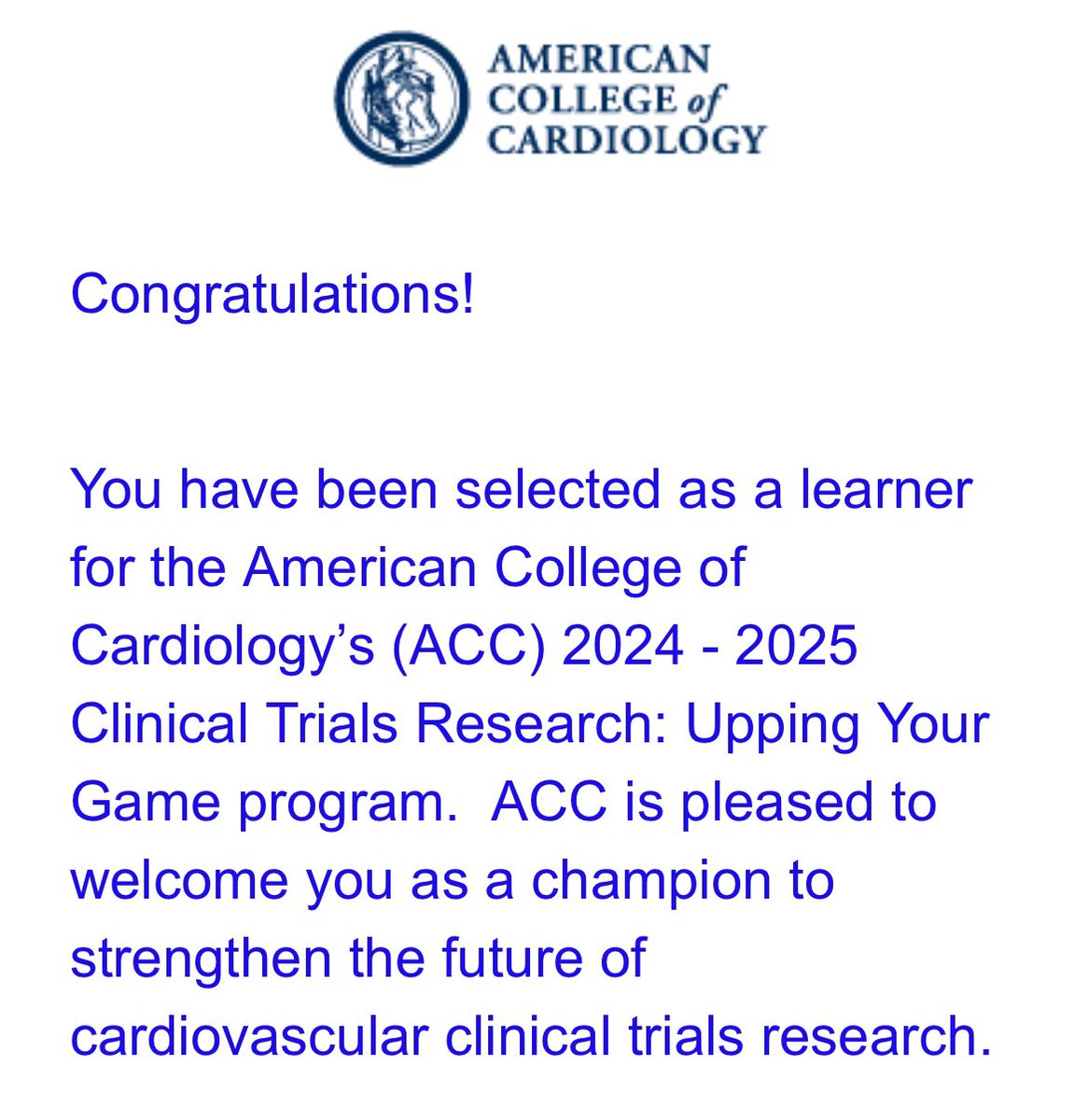 Thrilled to have been accepted to the @ACCinTouch Clinical Trials Research Program. Forever grateful to @athenapoppas & @JDawnAbbott1 for their sponsorship & excited to learn from incredible peers & faculty. @_WayneBatchelor @TYWangMD @Drroxmehran @pamelasdouglas @MelvinEchols9