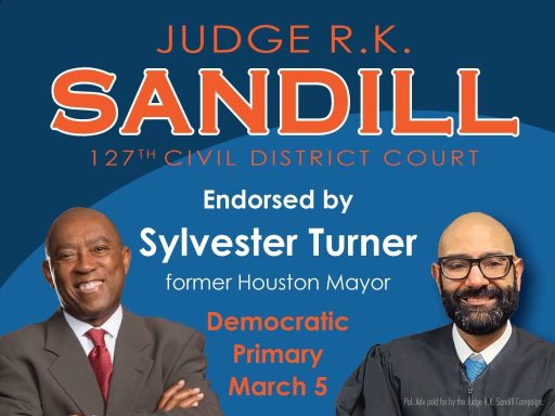 Early voting is taking place today and tomorrow in Harris County. 

Please vote for Judge Sandill in this primary election. Polls are open til 7pm today. 

For more information, please visit harrisvotes.com.