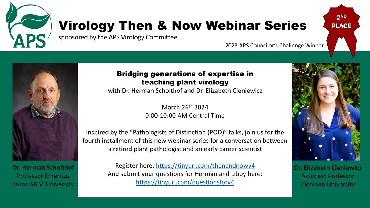 The APS Virology committee is pleased to announce this year’s second installment of the Virology Then &amp; Now webinar series. 
Two wonderful panelists are lined up for this event! Please register for free using this link  apsnet.org/edcenter/resou…
Mark down your calendar 🗓️!