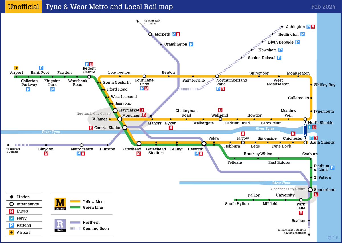 If NE local rail was more frequent, integrated &amp; maybe rebranded, it’d appeal to more of us.

In the meantime the Northumberland Line may help raise the profile of the current offer.
A combined Metro &amp; Local Rail map could too &amp; promote multimodal travel.
Here’s my interpretation
