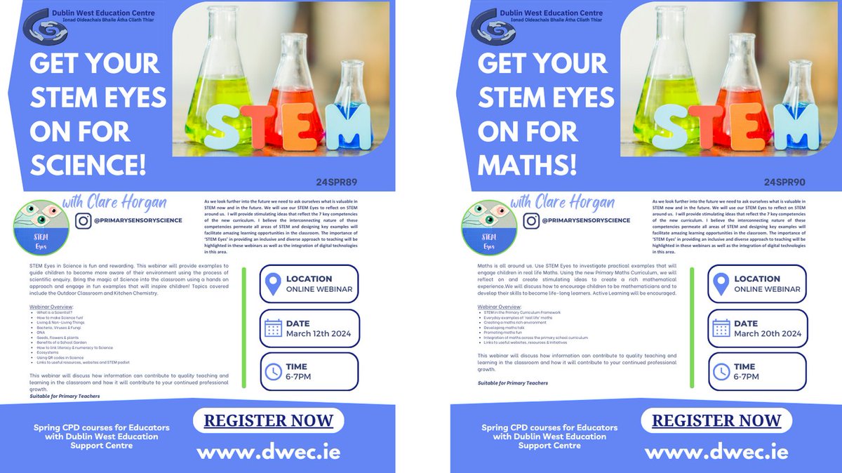 Get your STEM eyes on with Clare Horgan ⭐For Technology & Engineering for #EngineersWeek 📆March 5th ⭐For Science 📆March 12th ⭐For Maths 📆March 20th Register via dwec.ie #stem #stemeducation #stemeyes #irishprimaryteachers #engineersweek