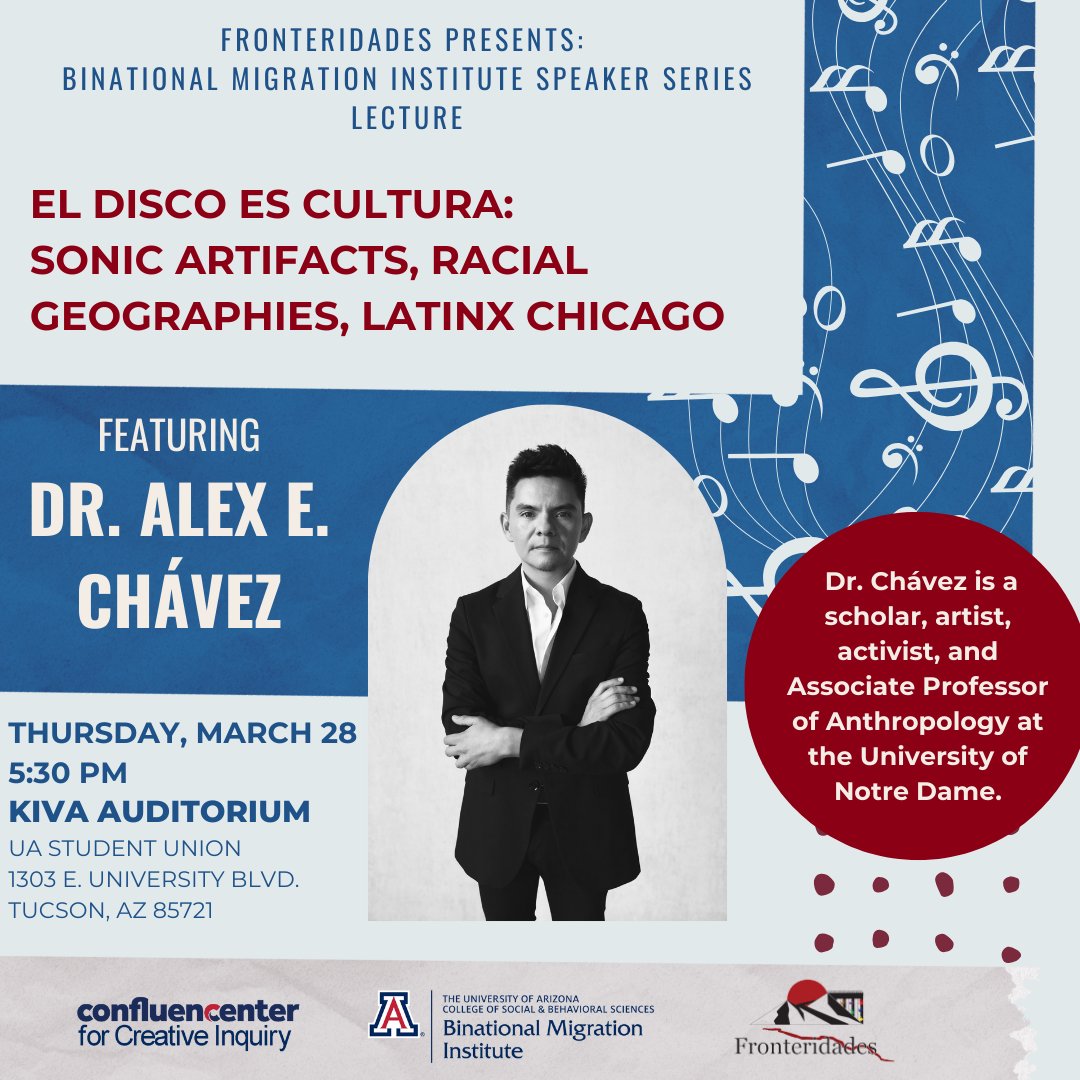 Don't miss Dr. Alex Chavez's upcoming <a href="/UArizona_BMI/">Binational Migration Institute - UArizona</a>
and <a href="/confluencenter/">Confluencenter for Creative Inquiry</a> research talk on <a href="/uarizona/">University of Arizona</a> campus on Thursday, 3/28 at 5:30pm! And his free musical performance on Friday, 3/29. Details to come! <a href="/UArizonaSBS/">U of A College of SBS</a> <a href="/SBSMXInitiative/">UA_SBS_MexicoInitiatives</a> <a href="/uahumanities/">UA Humanities</a> <a href="/UAZ_CLAS/">UAZ_CLAS</a> <a href="/UOFAMAS/">Mexican American Studies | University of Arizona</a> <a href="/UArizonaArts/">Arizona Arts</a>