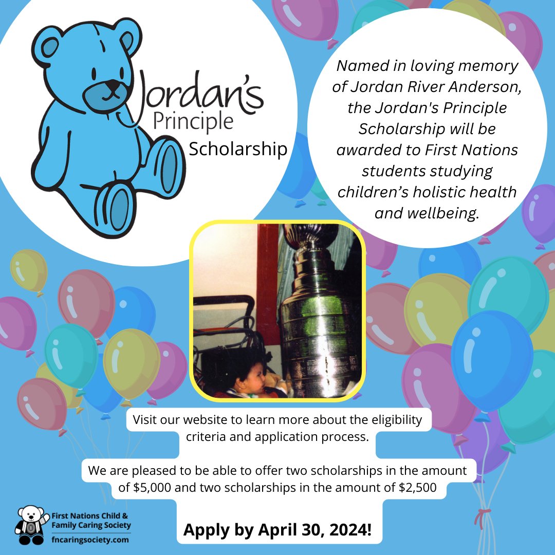 Reminder to apply for the Jordan's Principle Scholarship! Two $5,000 scholarships and two $2,500 scholarships are available to assist First Nations students studying children’s holistic wellbeing with post-secondary education costs 💛🧸 More info: fncaringsociety.com/awards-scholar…