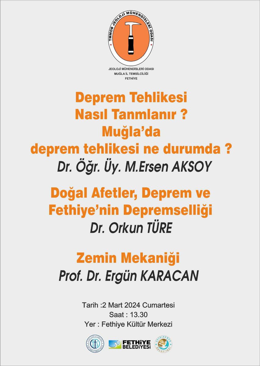 2 Mart Cumartesi günü, saat 13:30’da, Fethiye Kültür Merkezi’nde deprem konuşacağız. İlgilenenleri bekleriz.