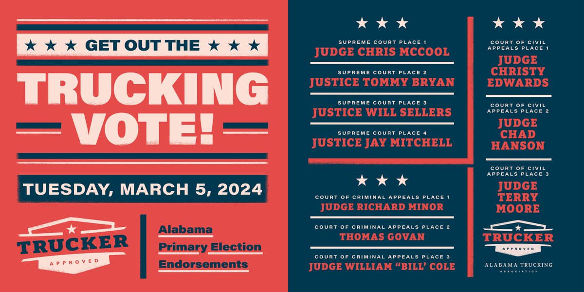 AlabamaTrucking's tweet photo. Let’s Get Out The Trucking Vote for Alabama’s primary election next Tuesday, March 5! The Alabama Trucking Association endorses this list of candidates, who have received the coveted "Trucker Approved" seal of support. https://t.co/kSwwgRjgrv