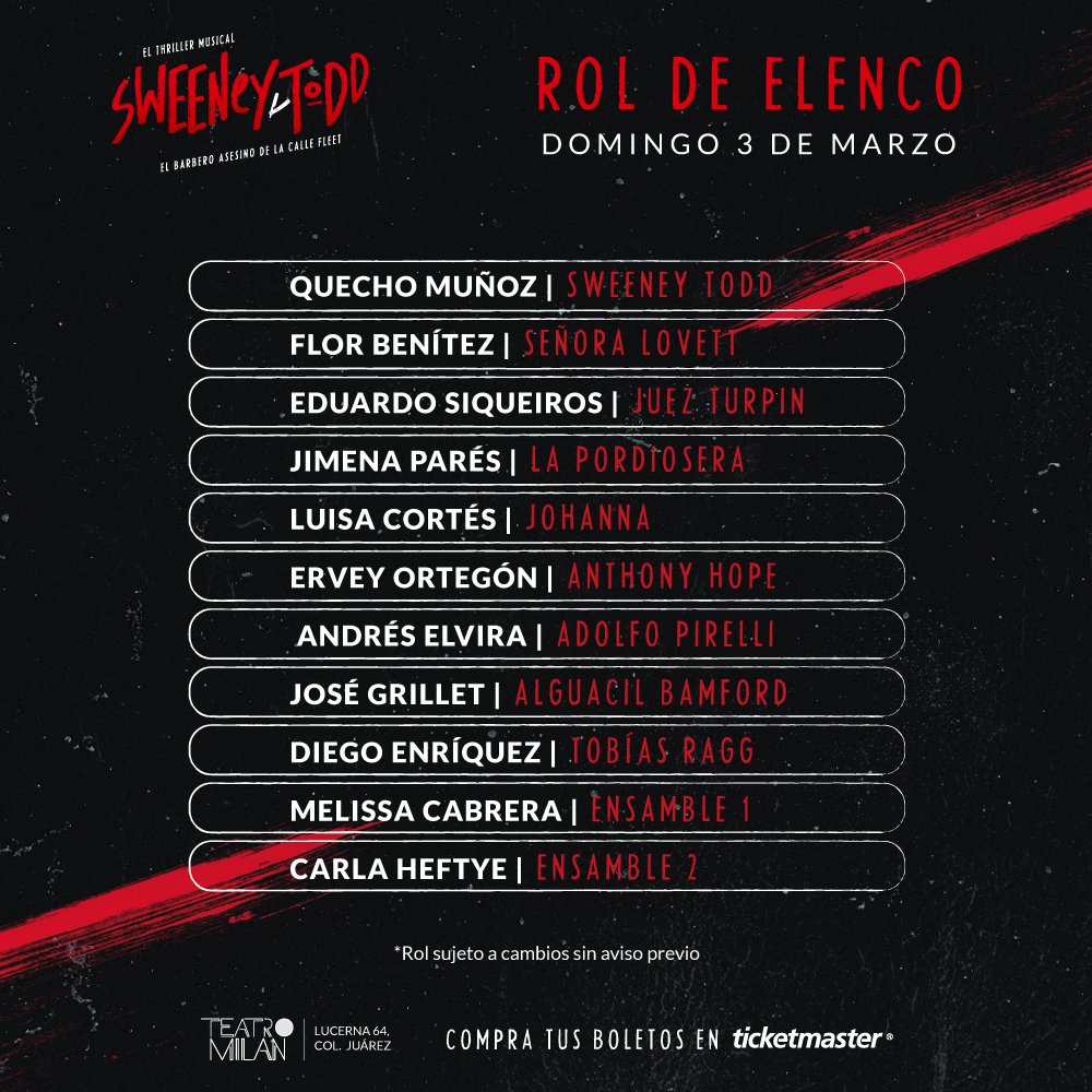 Sweeney Todd México (@sweeneytoddmex) on Twitter photo ¡Quedan sólo tres días para que las almas cobren vida en el escenario del <a href="/teatro_milan/">Teatro Milán</a>! 💈❤️🔥
El #talento de #SweeneyToddMex está listo para recibirlas y contarte de primera mano, sobre el cruel barbero de #FleetStreet 🔪🩸
¡ÚLTIMOS LUGARES! 🎟️🚨 ¡Quedan sólo tres días para que las almas cobren vida en el escenario del <a href="/teatro_milan/">Teatro Milán</a>! 💈❤️🔥
El #talento de #SweeneyToddMex está listo para recibirlas y contarte de primera mano, sobre el cruel barbero de #FleetStreet 🔪🩸
¡ÚLTIMOS LUGARES! 🎟️🚨