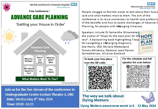 We are delighted to announce on the 08/05/24 we will be live streaming a advance care planning conference for all healthcare professionals at MFT. Make sure you don't miss your chance on joining us and book your place by scanning the barcodes attached! @WythenshaweSPCT @NmghSpct