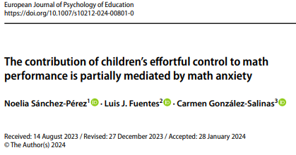 NoeliaSPerez's tweet image. Read our latest research on #MathAnxiety published in the European Journal of Psychology of Education @SpringerNature
link.springer.com/article/10.100…

What have we learned? 👇

🔢 Effortul control (EC) contributed to math performance directly and through the mediation of math anxiety.
