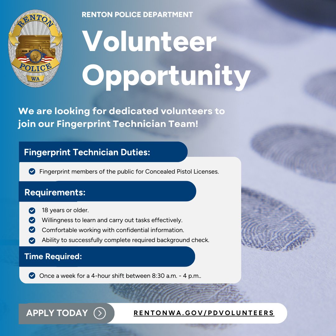 RentonpdWA's tweet image. 𝐕𝐎𝐋𝐔𝐍𝐓𝐄𝐄𝐑 𝐎𝐏𝐏𝐎𝐑𝐓𝐔𝐍𝐈𝐓𝐘
🚨🔍We&apos;re looking for volunteers to join our Fingerprint Technician Team! Apply today! Rentonwa.govPDVolunteers

Questions? Contact Stephanie Hynes at shynes@rentonwa.gov

#VolunteerOpportunity #FingerprintTech