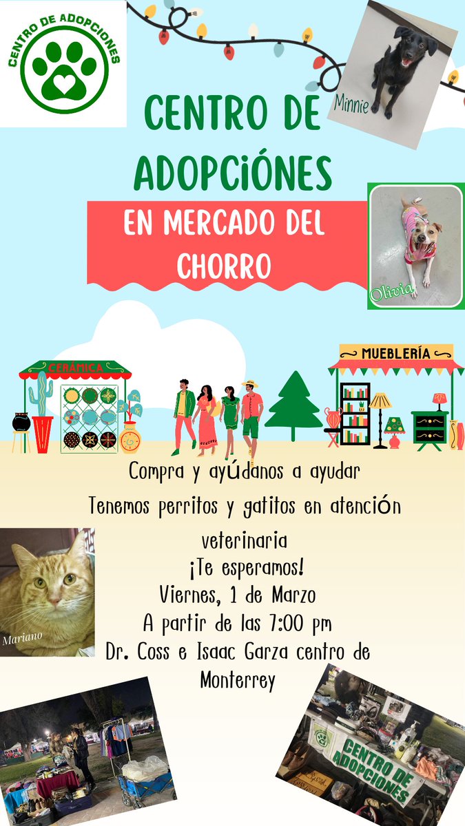 Por y para nuestros rescataditos 🐕 🐈‍⬛ estaremos este VIERNES 1 DE MARZO a partir de las 7:00 pm vendiendo diversos artículos en  el MERCADO DEL CHORRO en Dr Coss e Isaac Garza 
Ayúdanos a ayudar 🙏🏻
<a href="/AVISOSMTY/">AVISOSMTY</a>
<a href="/buscandoajunior/">Buscando a Junior</a> <a href="/ComunidadMTY/">Comunidad Monterrey</a> <a href="/aztecacomunidad/">#ComunidadAzteca</a> @DistritoTec