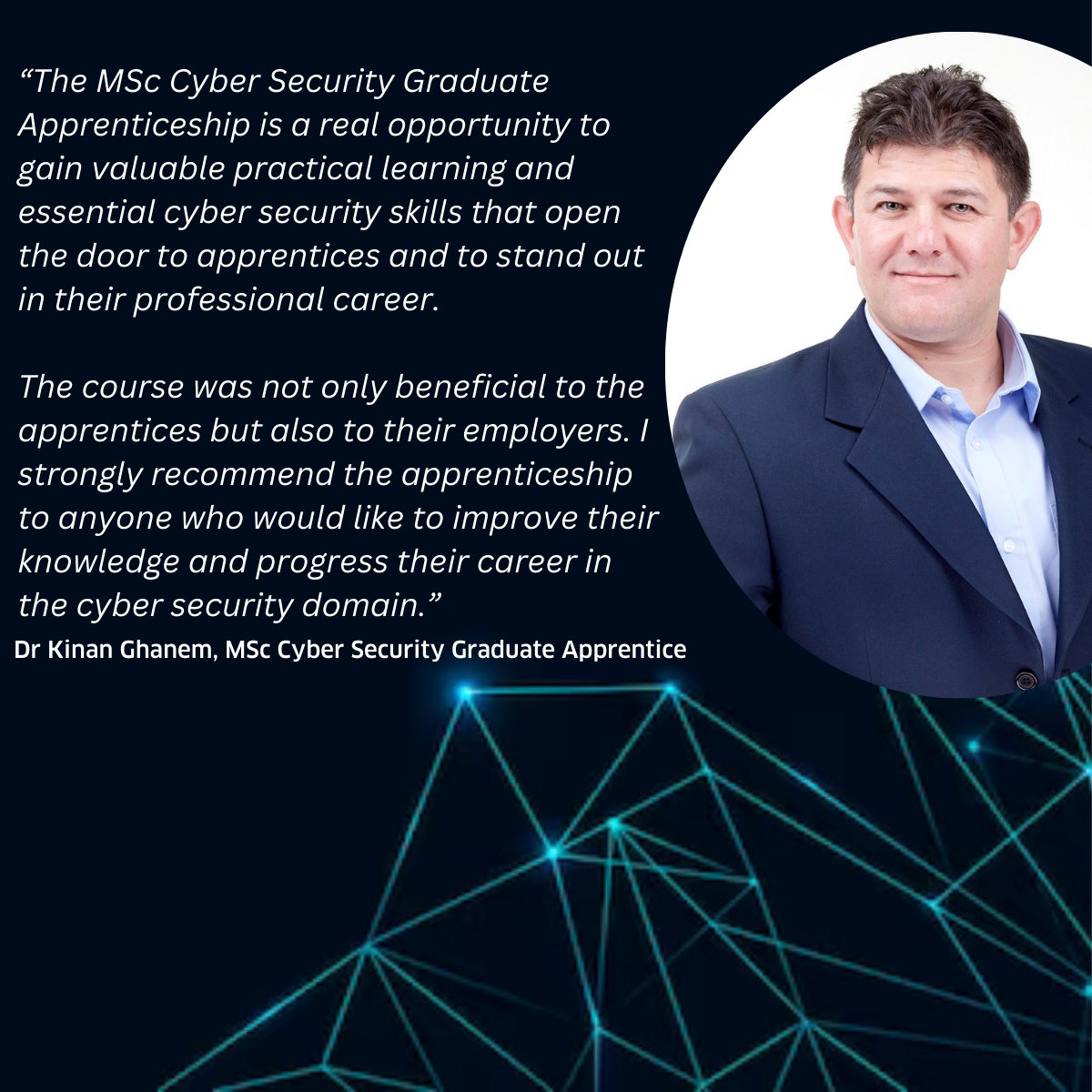 Thank you for sharing your experience of our MSc Cyber Security Graduate Apprenticeship Kinan😊

Why not sign upto our webinar tomorrow to find out more about our MSc➡️ shorturl.at/fpHLM

#CyberScotlandWeek #csw2024 #graduate #apprenticeships #cyber