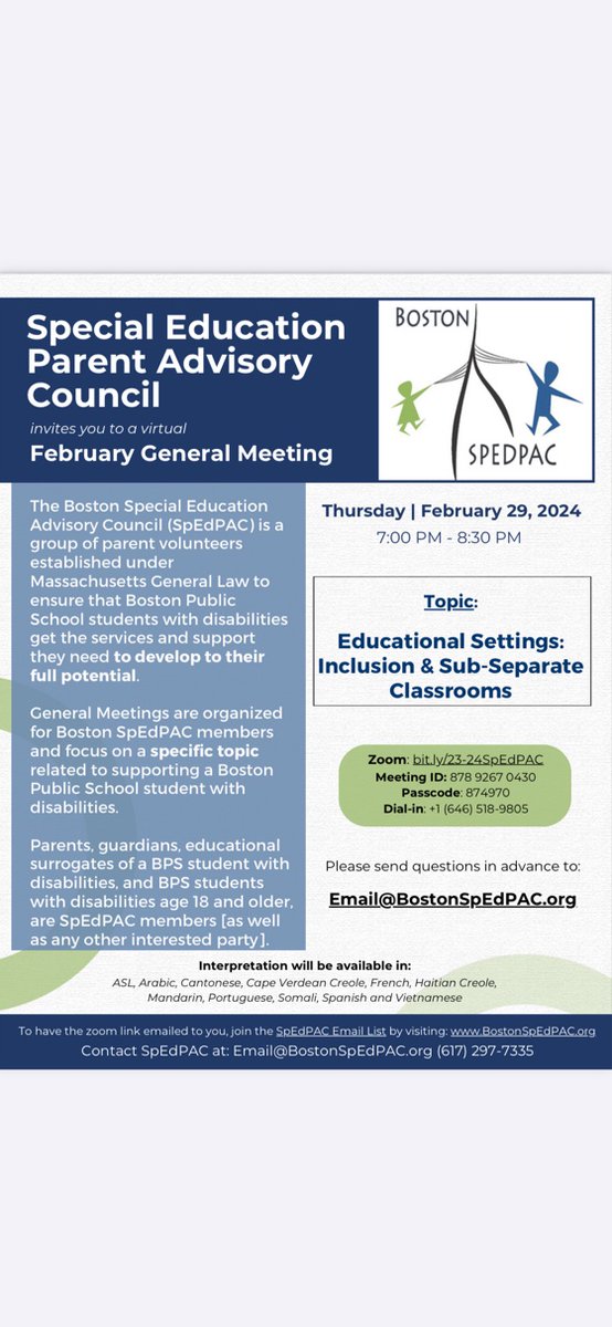 Boston SpedPac (@bostonspedpac) on Twitter photo TONIGHT on Zoom @ 7 PM
Ed Settings: Inclusion & Sub-Sep Classrooms with Guest Speaker Dr. Zachary Rossetti.
Feb Mtg Flyers:
bostonspedpac.org
Want the Zoom Link sent straight to you? Join our Mailing list @ bit.ly/SpEdPAC_Mailin…
Questions? BostonSpEdPAC411@gmail.com TONIGHT on Zoom @ 7 PM
Ed Settings: Inclusion & Sub-Sep Classrooms with Guest Speaker Dr. Zachary Rossetti.
Feb Mtg Flyers:
bostonspedpac.org
Want the Zoom Link sent straight to you? Join our Mailing list @ bit.ly/SpEdPAC_Mailin…
Questions? BostonSpEdPAC411@gmail.com