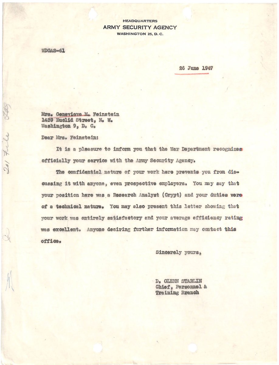 StLouisArchives's tweet image. Genevieve Feinstein became an associate cryptanalyst for the War Department in 1943, a position she would hold until 1945 when she was promoted to research analyst (Cryptanalytic). Genevieve would resign in 1947. #ArchivesWomenInSTEM #CODEGIRL