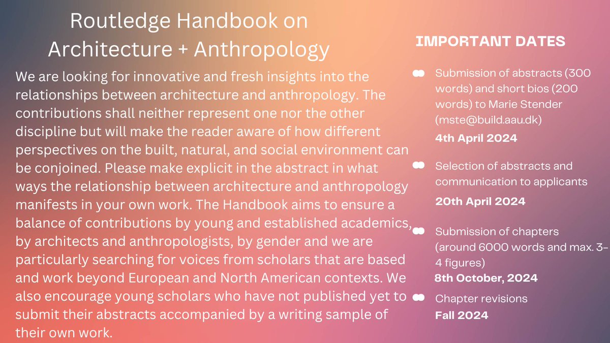 Caroline Church (@builtenveditor) on Twitter photo CALL FOR CONTRIBUTIONS! Please contact Marie Stender (mste@build.aau.dk) by the 4th April 2024 if you would be interested in contributing to the Routledge Handbook of Architecture and Anthropogy. #architecture #anthropology #callforabstracts CALL FOR CONTRIBUTIONS! Please contact Marie Stender (mste@build.aau.dk) by the 4th April 2024 if you would be interested in contributing to the Routledge Handbook of Architecture and Anthropogy. #architecture #anthropology #callforabstracts