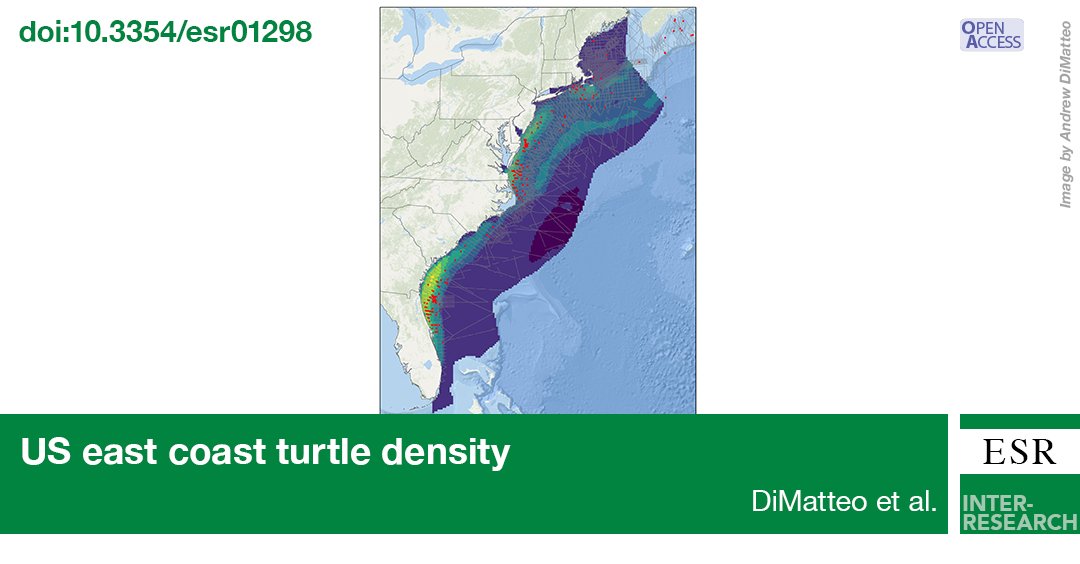 Research funded by the United States Navy in collaboration with NGOs, government agencies, and private institutions, has produced density spatial models for four species of #SeaTurtles on the east coast of the USA. bit.ly/esr_53_227