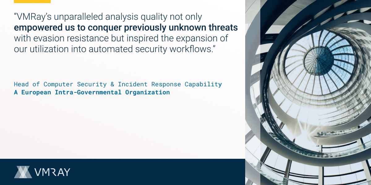vmray's tweet image. 🌟 The reliability of VMRay’s analyses enables analysis of unknown #malware and #phishing threats and helps streamline #SecurityAutomation, according to the Head of Computer Security &amp;amp; Incident Response of a prominent European public organization.

bit.ly/3P0Xkl4