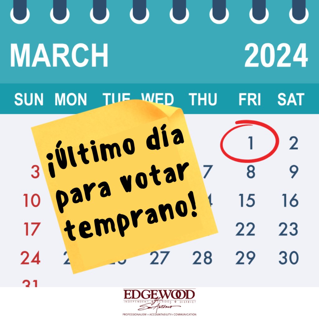 TOMORROW is the last day to vote early in the Texas primary elections. Don’t delay…please vote tomorrow! Find your polling location at votetexas.gov No se demore... ¡vote mañana! Encuentre su lugar de votación en votetexas.gov