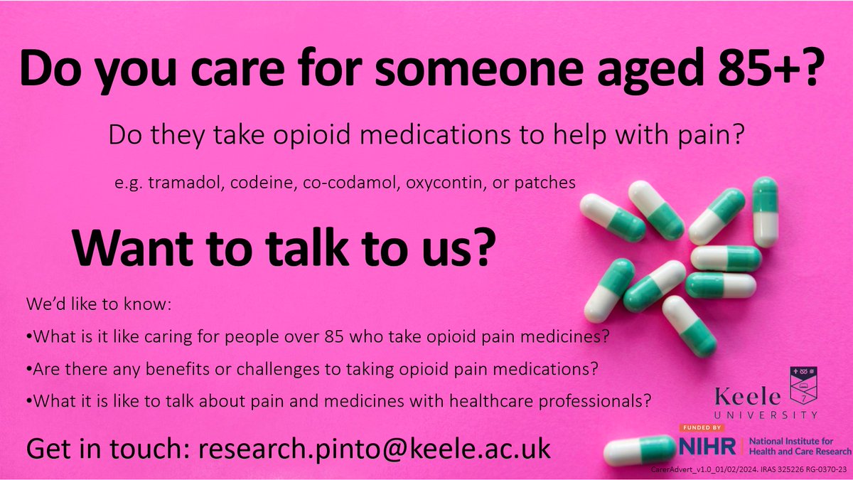 Alice Faux-Nightingale (@fauxnightingale) on Twitter photo If you are involved with the care of someone aged over 85 who takes opioid meds for pain, please get in touch, we'd love to hear from you!
If you have any questions about the study or taking part, you can contact: research.pinto@keele.ac.uk If you are involved with the care of someone aged over 85 who takes opioid meds for pain, please get in touch, we'd love to hear from you!
If you have any questions about the study or taking part, you can contact: research.pinto@keele.ac.uk