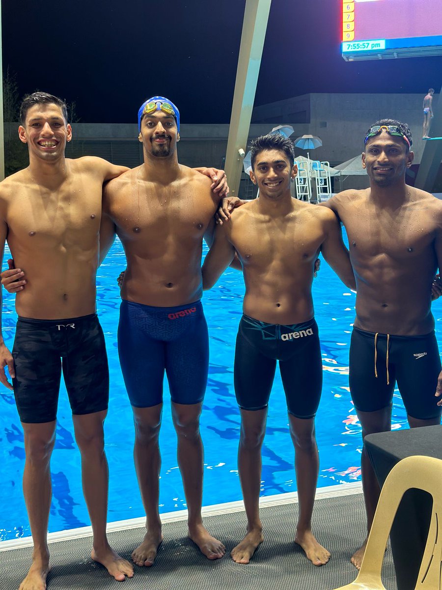 New Record Alert🚨 Team 🇮🇳 on a record breaking spree at the Asian Age Group Swimming🏊🏼 Championships 🎉 Let's congratulate our Men's 4X200m Freestyle Relay Team of Srihari Nataraj, Aneesh Gowda & Aryan Nehra for clocking the 'Best India Time' of 7:26.64 and claiming that