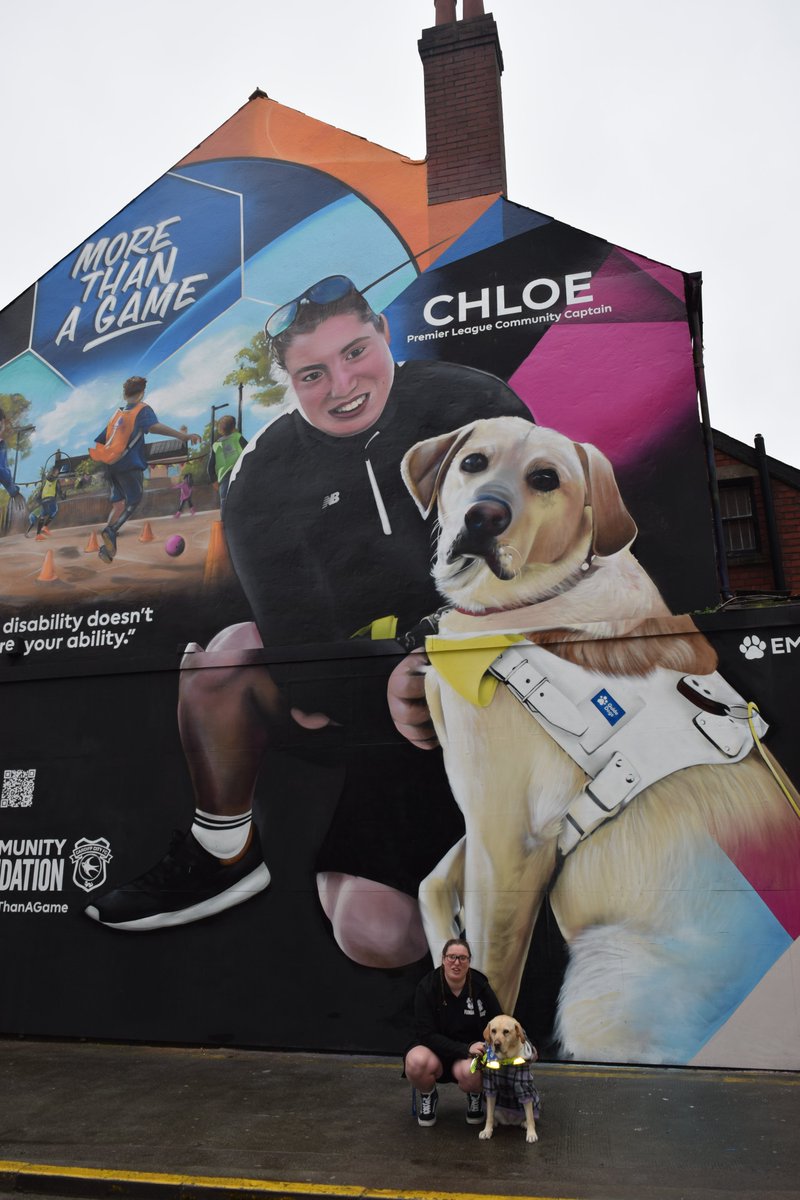 Your disability doesn't define your ability! A giant mural of Chloe McBratney and her guide dog Emily was unveiled today at the NCP car park in Quay Street, Cardiff. The mural recognises Chloe's work to raise football's profile among people with disabilities #PLMoreThanAGame