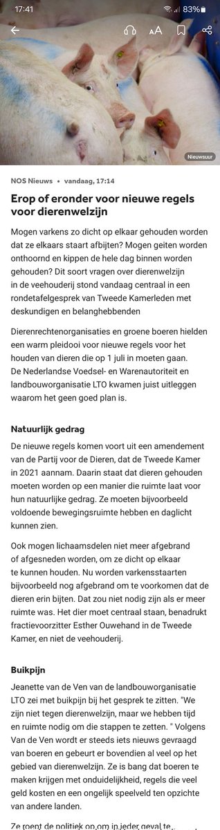LTO heeft buikpijn. Dierenwelzijn is prima, maar er is wel tijd nodig. Varkens afstaarten is 🥶😡👿😡 al sinds begin jaren 90 verboden, tenzij. En dan in 2024 zeggen dat er tijd nodig is.....
Gelijk speelveld discussie snap ik, maar als dat wordt vertaald naar de laagste norm als