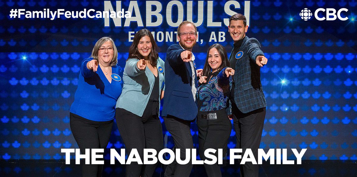 Tonight on a NEW EPISODE of Family Feud Canada, the Naboulsi family returns one last time to face the Godfrey-Marshall family 📺 Watch Family Feud Canada every Mon-Thurs 7:30 (8NT) on CBC, hosted by Gerry Dee.
