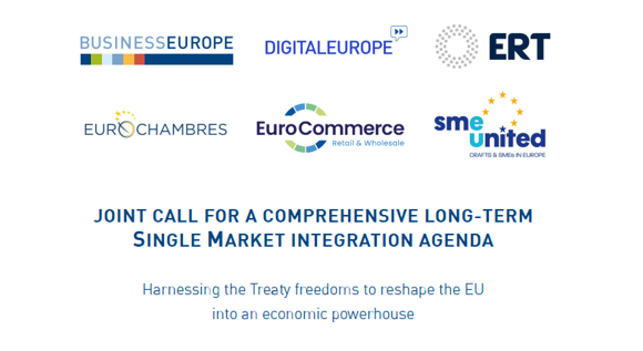 📢 How can we reignite the Single Market? In a new joint call for a comprehensive, long-term Single Market integration agenda with @DIGITALEUROPE, @eurochambres, @eurocommerce, @ert_eu, and @SMEUnited, BusinessEurope urges EU institutions to act by breaking down barriers to