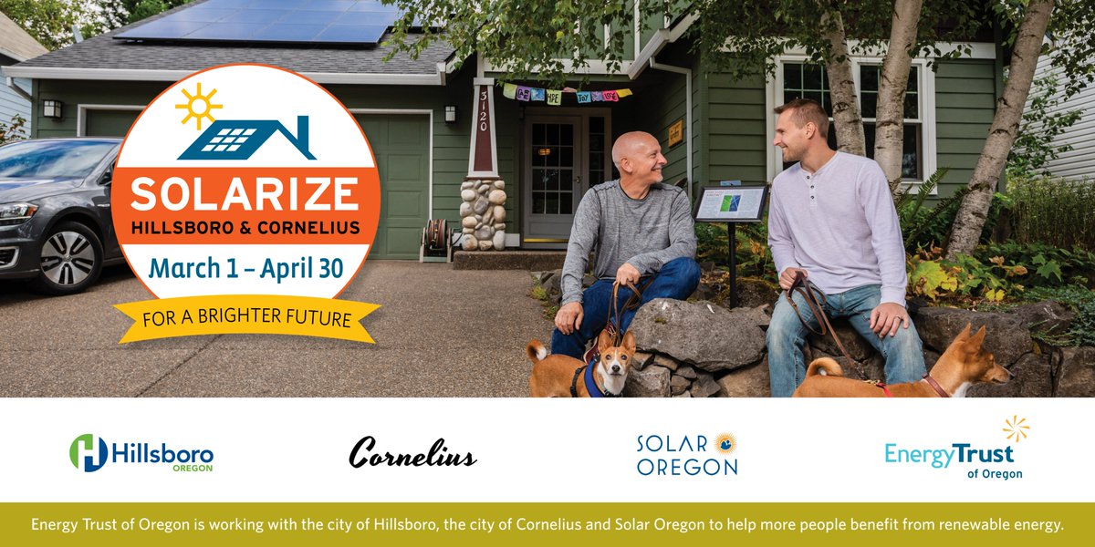 Hillsboro & Cornelius homeowners: Save money on electricity bills and help the environment by going solar! Join Solarize Hillsboro & Cornelius, March 1- April 30 with partners @energytrustor and @solaroregon. Learn more at bit.ly/solarize-cp