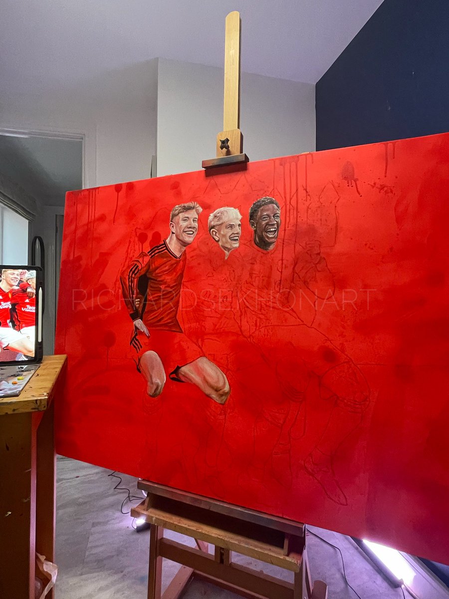 WIP: The Next Generation 🎨 Højlund x Garnacho x Mainoo Well underway with this painting! 👨‍🎨 What do you think Reds? ❤️