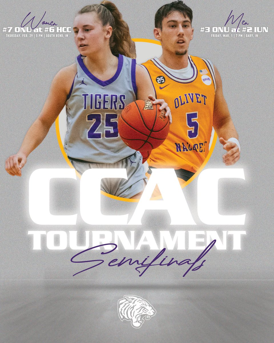 ONUAthletics's tweet photo. 𝐂𝐂𝐀𝐂 𝐅𝐢𝐧𝐚𝐥 𝐅𝐨𝐮𝐫🔥

@onu_tigerball and @onuhoops are just one win away from reaching the CCAC Tournament championship games as they hit the road for their respective semifinal matchups!

#ForONU https://t.co/c1fNYmfjop