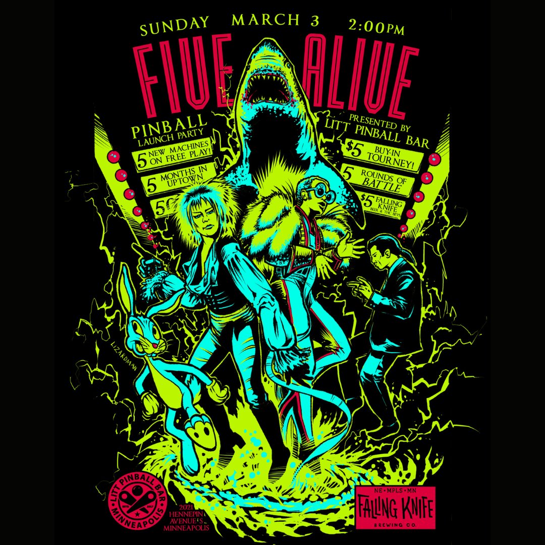 Help us celebrate 5 months in Uptown with our 5 newest games on free play, a 5 round $5 tournament, and drink specials from Falling Knife!