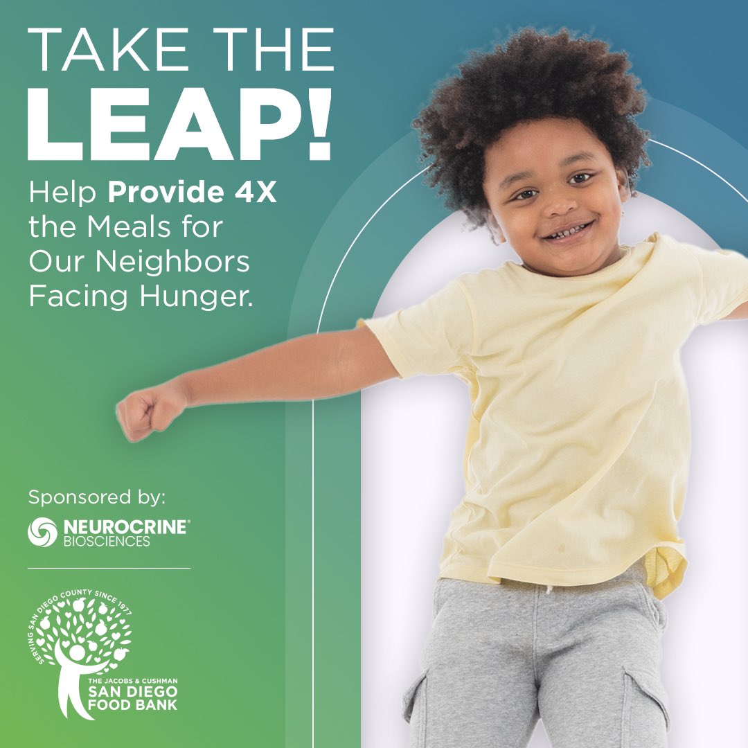 This leap year, help us leap forward in support of neighbors facing hunger in our community! TODAY ONLY, Neurocrine Biosciences is offering a 4X match to help jump-start our efforts to provide children, families and seniors with the meals they need. sandiegofoodbank.org/?form=SDBJLeap…