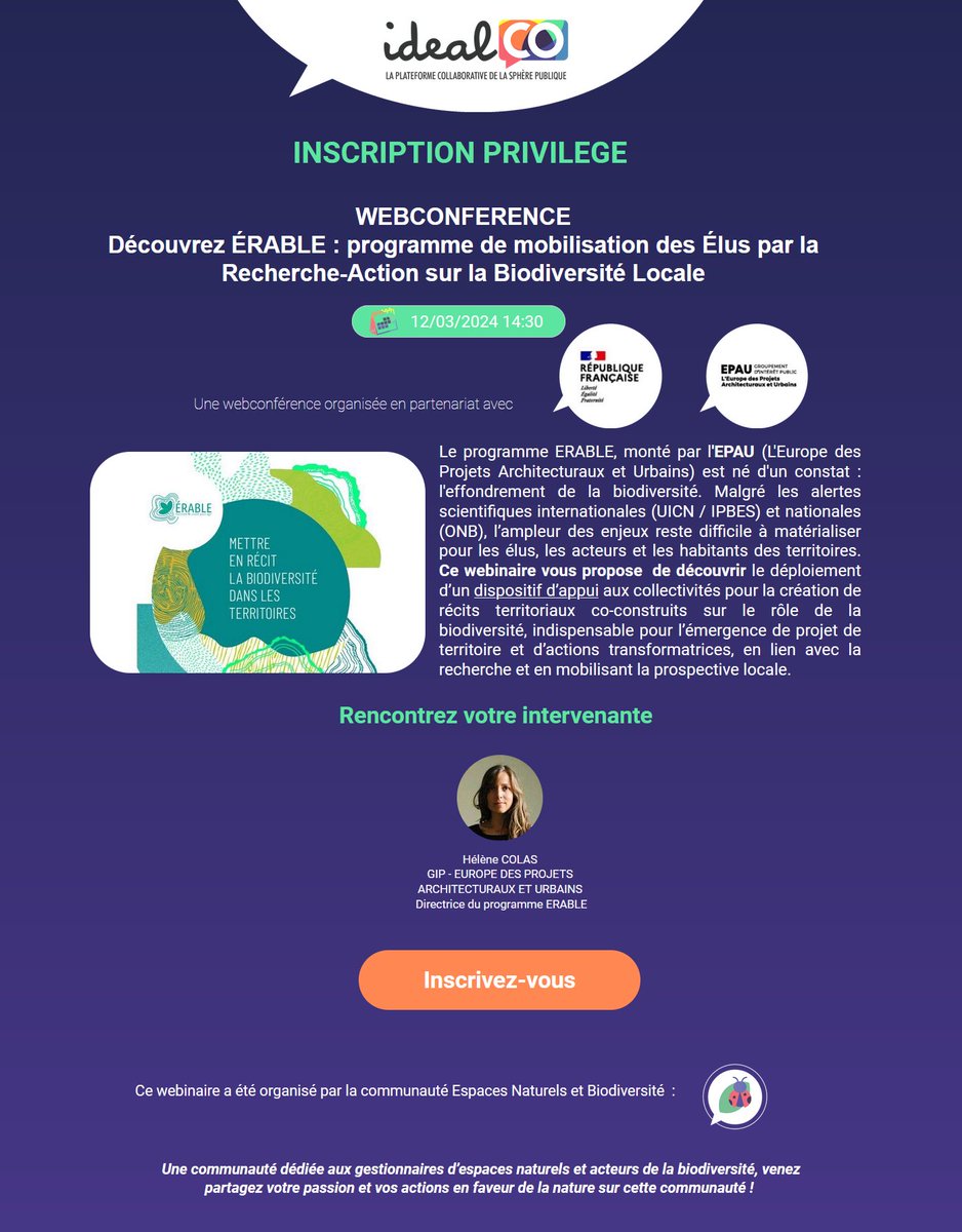 erable_program's tweet image. Pour mieux comprendre ce qui se cache derrière le programme ERABLE et connaître les attentes pour répondre à la consultation, participez au webinaire organisé en partenariat avec idealCO  

🗓Mardi 12 mars 
🕝14h30-16h

👉Lien d'inscription - accès libre : hello.idealco.fr/wcf-epau-enb_e…