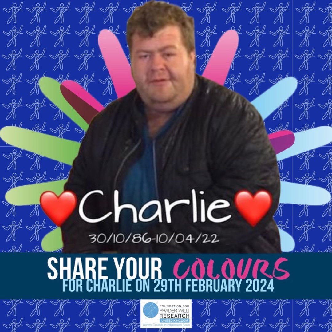 For Rare Diseases Day pls share Charlie’s colours. Charlie didn’t need to die so young. Like Sammy he had #PWS. PWS is such a vulnerable condition. Charities like @FPWRUK & @PWSAUK work so hard but as it’s so rare, we need yr support . TY - Charlie’s mum & me #RareDiseaseDay2024