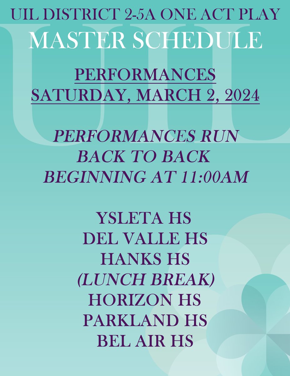 The @YsletaISD Fine Arts Department will be hosting the @uiltexas 2-5A District One Act Play Contest this Saturday @EastwoodHQ! We are so excited to see what our incredible theater programs have been working on. BREAK A LEG!