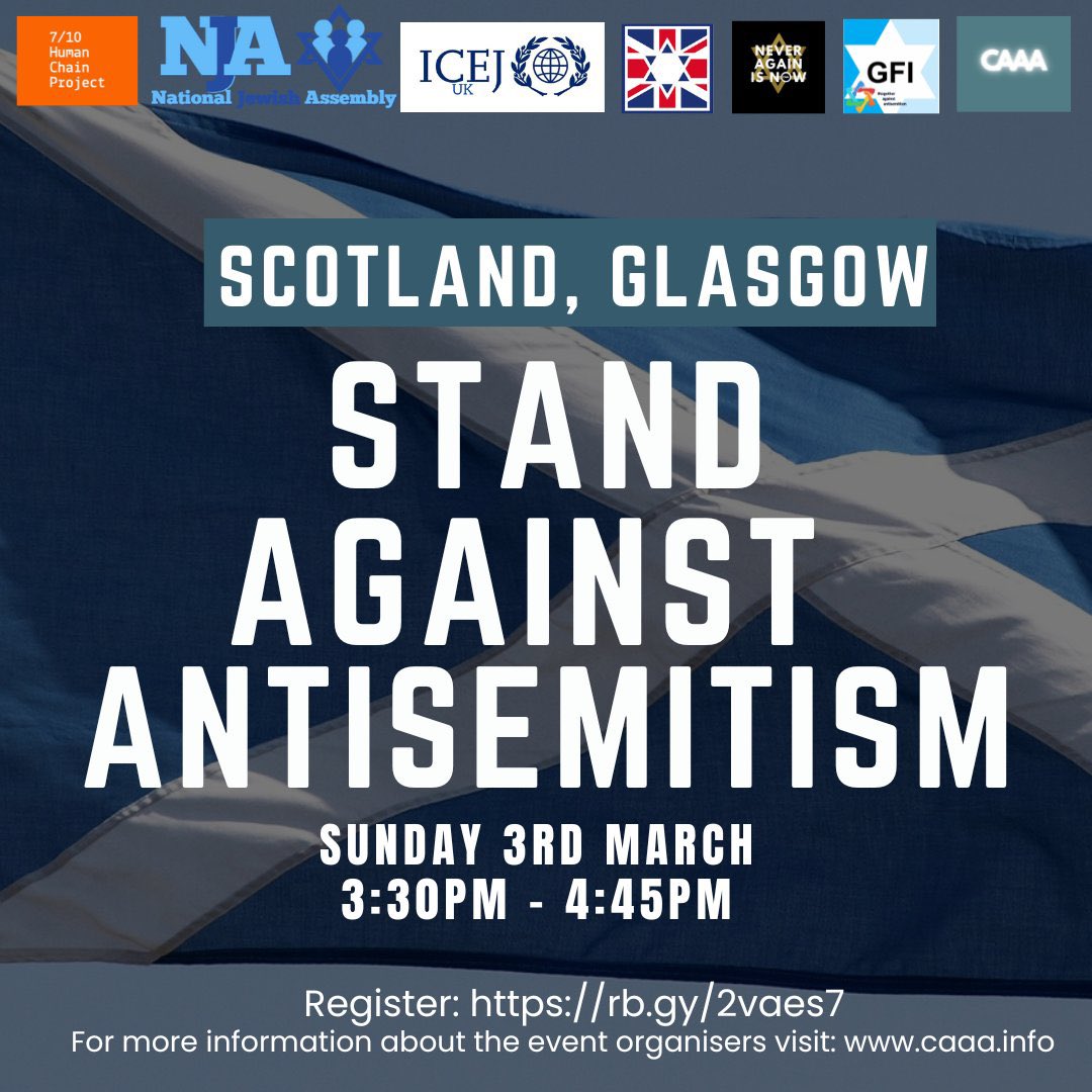 Looking forward to attending @caaauk & @GlasgowFOI’s event to stand against antisemitism in Glasgow. Recent events have seen a surge in antisemitic acts and chants. Neither of which is acceptable. Join us, to send a strong message that Glasgow stands against antisemitism 👇