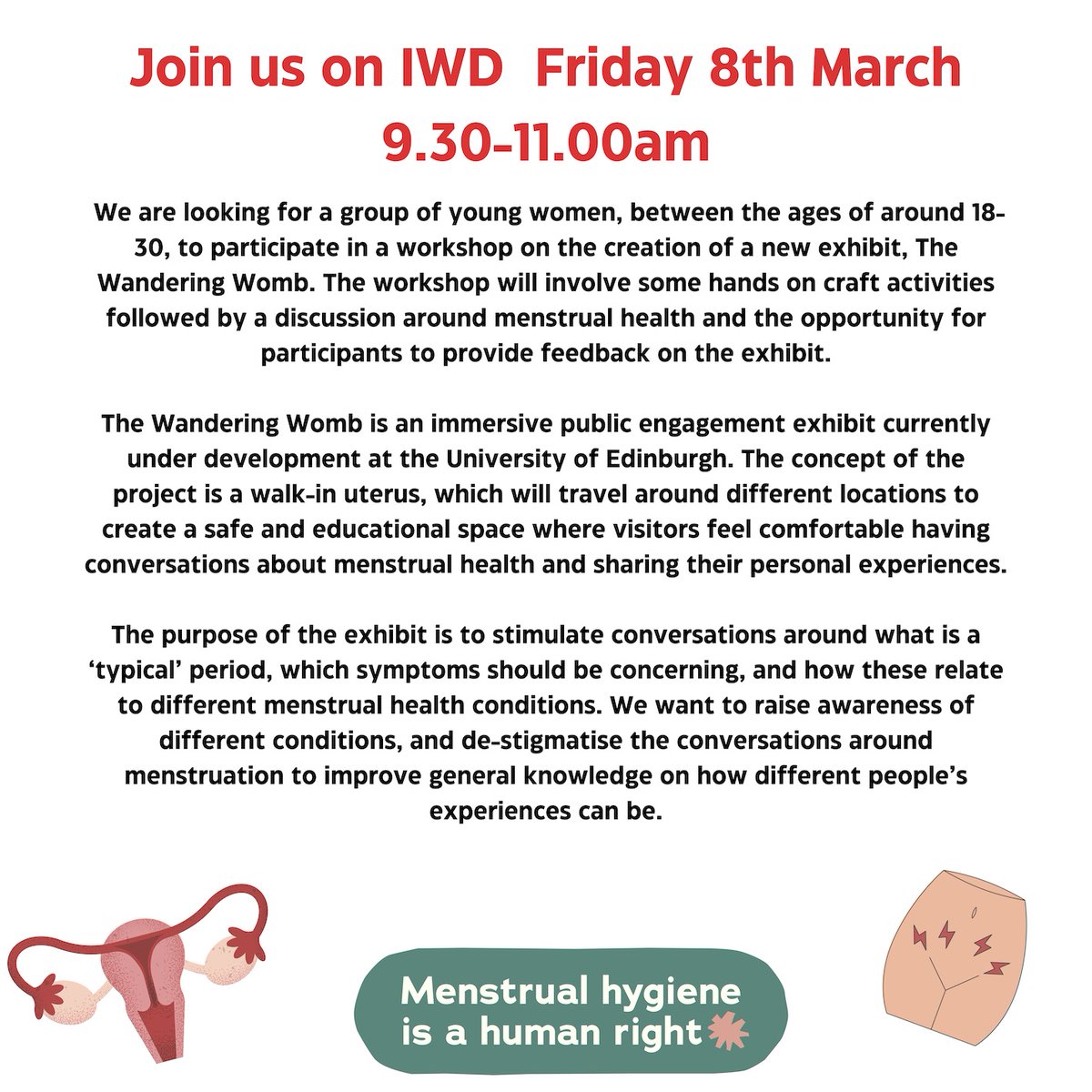 We are running a menstrual health workshop in #Edinburgh next week open to all women/nb/trans folk (anyone who menstruates) between ages 18-35.

Please get in touch if you're interested in attending.

#menstrualhealth #menstruation 
@EdinUniMedicine @EdinUni_IRR @EdinUni_CRH