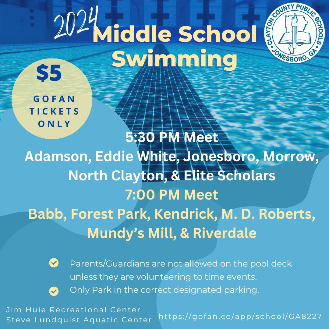 Come check out our middle school swim teams tonight for the season opener. It is official that swim entry is GoFan Tickets Only. Middle School swim meets get full fast. Get your tickets before you arrive by using the link below: gofan.co/app/school/GA8… @CCPSNews