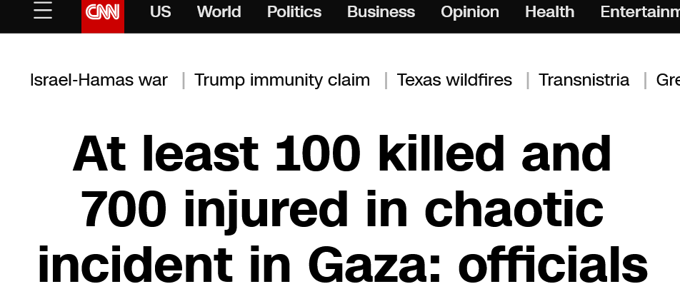 The point of New York Times and CNN both using 'chaotic' to describe a historic massacre of starving people swarming food is to reduce initial viral outrage by downplaying its intentional, inexcusable nature. We see this with U.S. police describing the scene after they murder.