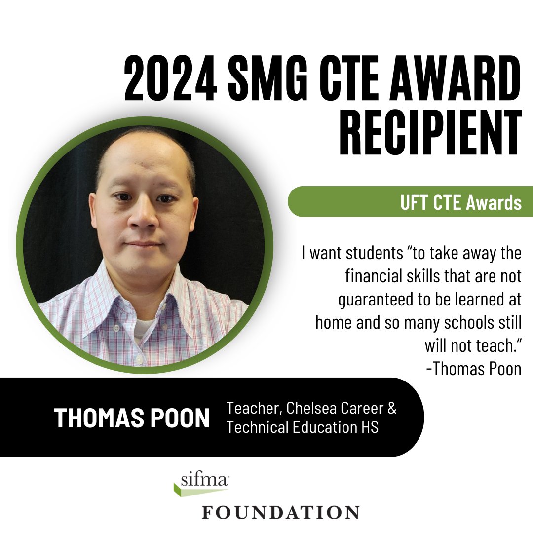 Congrats to Thomas Poon, recipient of the #StockMarketGame CTE Award. Mr. Poon teaches investing in his College & Career Readiness course. Thank you, Mr. Poon, for building your students' #financialliteracy skills! #CTEMonth @UFT @NYCSchools @ChelseaCTEHS