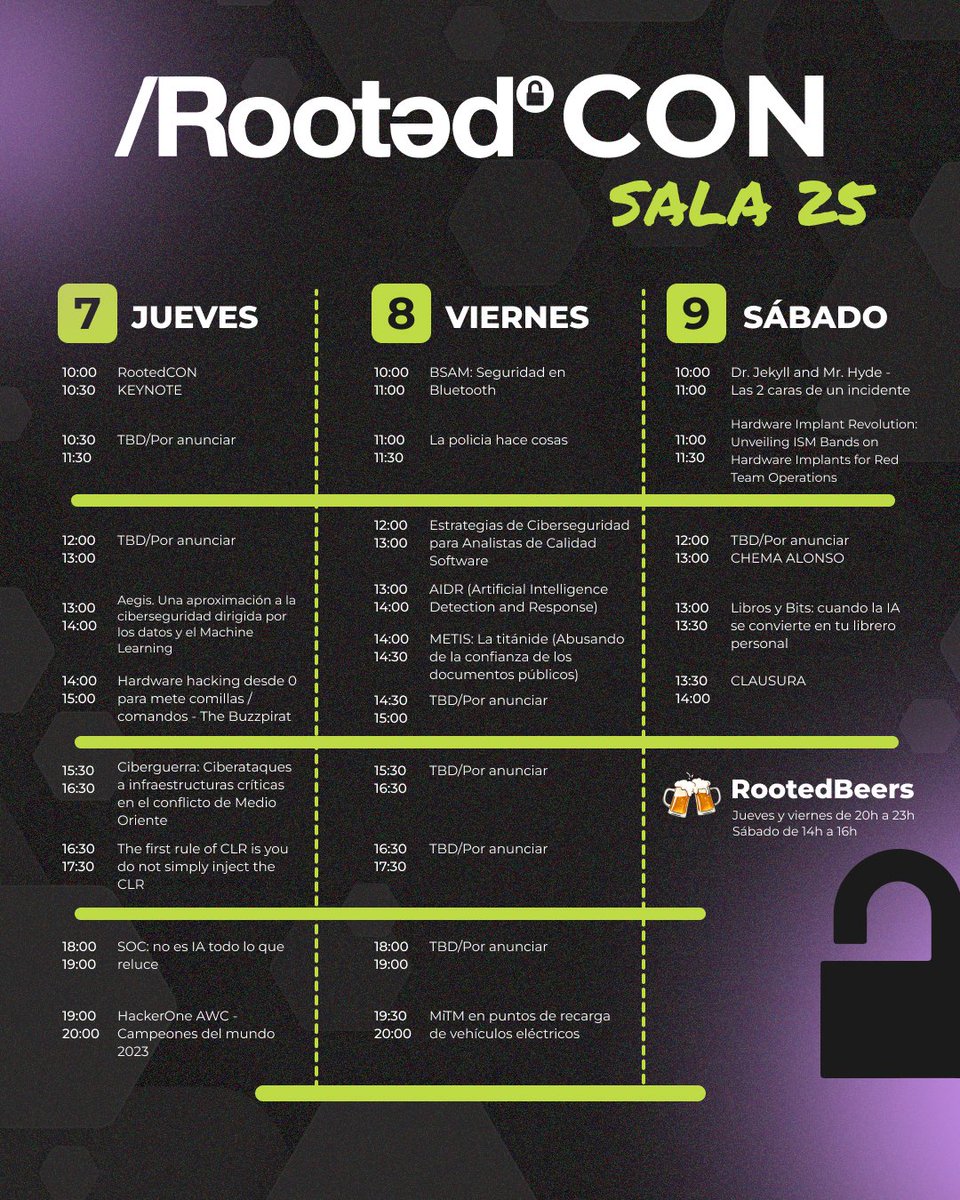 rootedcon's tweet photo. 💥ATENCIÓN💥 Os compartimos la agenda provisional de #RootedCON24. Os recordamos que podéis revisarla directamente en la web: https://t.co/zEIld7ubbw https://t.co/HmNZf6EAH6