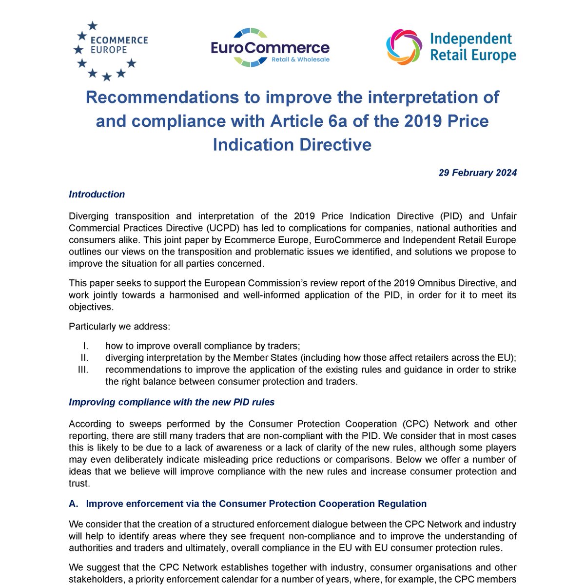 Today, European retail associations (@Ecommerce_EU, @EuroCommerce & @IndeRetailEU) finalised a position paper with our recommendations to improve the interpretation and compliance with price announcements. 1/2
