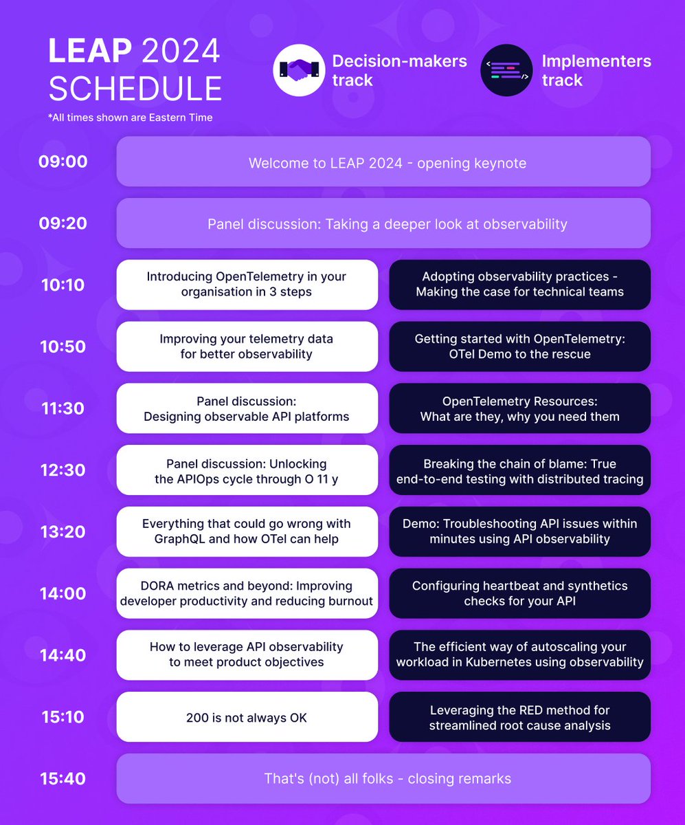 tyk_io's tweet image. What an incredible first half of #LEAP2024! 🚀 

Check out the schedule below to see what’s in store!🔥

If you haven’t been able to join us so far, don&apos;t worry! There’s still time to register here - hubs.la/Q02mJnVX0

#LEAP2024 #APIObservability