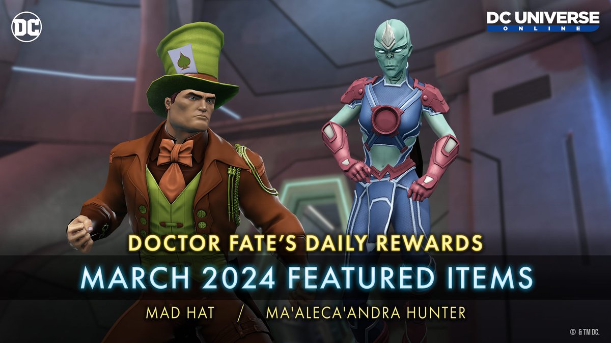 Doctor Fate has assembled some stylish new gear for the March 2024 daily rewards lineup! Log-in every day for new style unlocks, including Progeny of Darkseid, Ma'aleca'andra Hunter, and the member-exclusive Mad Hat 🃏 Which style are you most excited about?