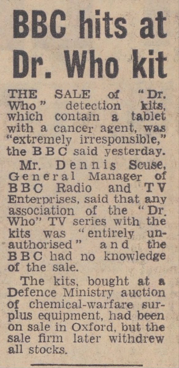 Doctors_Beard's tweet image. Sunday Mirror - June 7, 1970 - The BBC disassociates itself with the makers of the cancerous Doctor Who test kit that was sold to kids.
#BBC #DoctorWho #testkit #cancerouskit #SundayMirror
