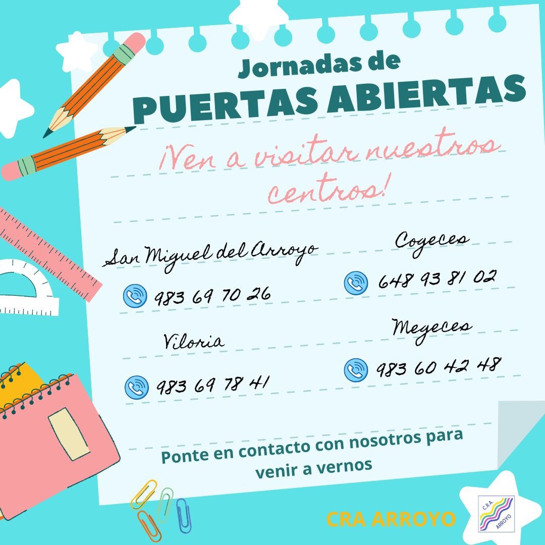 Jornadas de puertas abiertas en CRA ARROYO 🏫📚.

¡Ven a conocernos!

#escuelarural
#jornadaspuertasabiertas