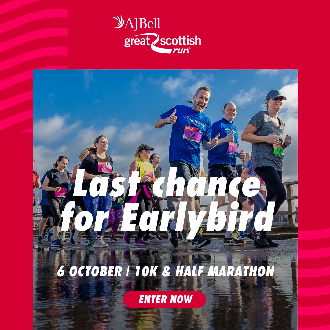 It's your LAST CHANCE for an EARLYBIRD discount for the AJ Bell #GreatScottishRun before the offer ends tomorrow 😲 Secure your place on the start line for £33 (half marathon - normally £39) and £28 for the 10k (usually £32) for a limited time only 👇 grtrun.org/GScotR_EB24