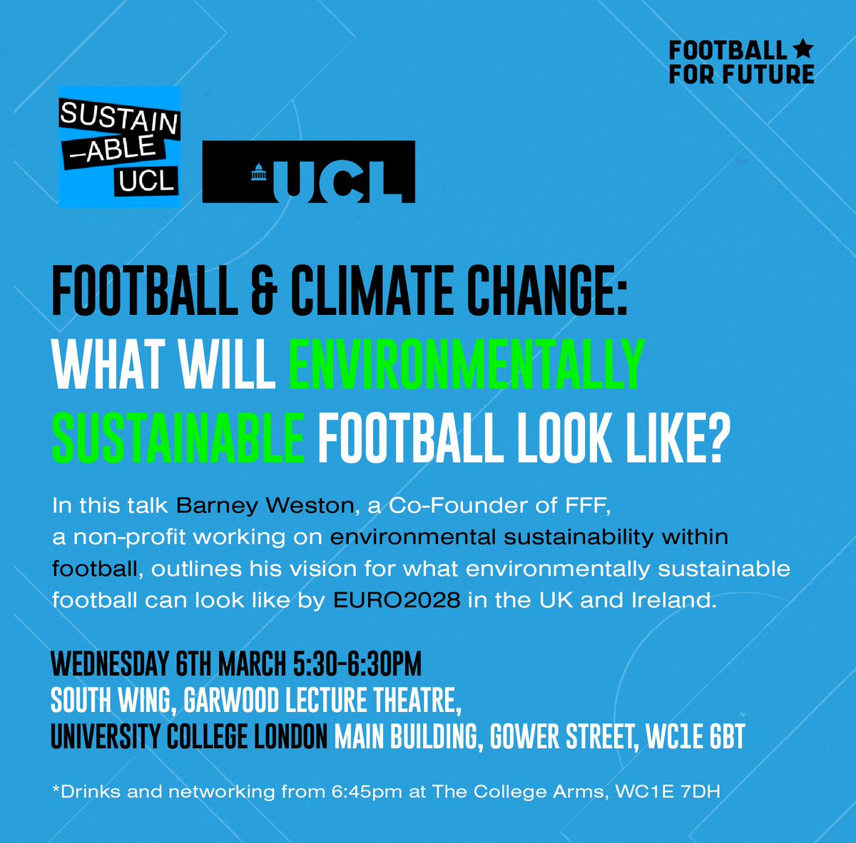 Barney Weston heads to @ucl on the 6th March to discuss what environmentally sustainable football can look like by EURO2028 in the UK and Ireland. The talk is part of @SustainableUCL 28 Days of Sustainability programme. You can get tickets below! eventbrite.co.uk/e/talk-footbal…